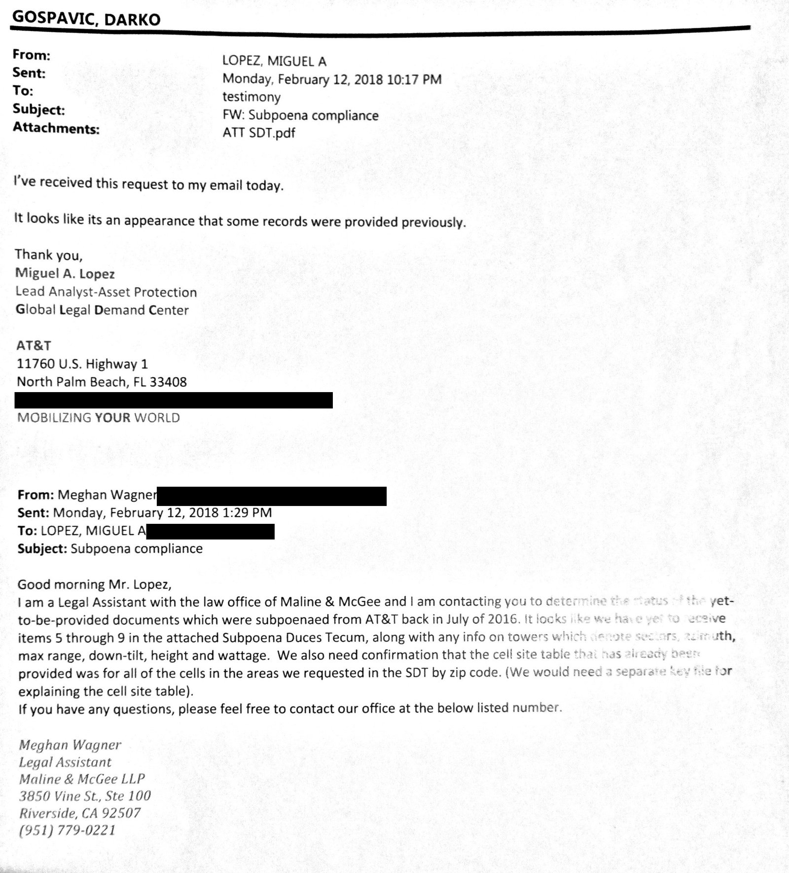 E-mail from Maline and McGee to AT&T, February 12, 2018, as forwarded within AT&T.