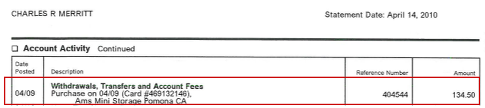 Bank of America statement, Bates 010011