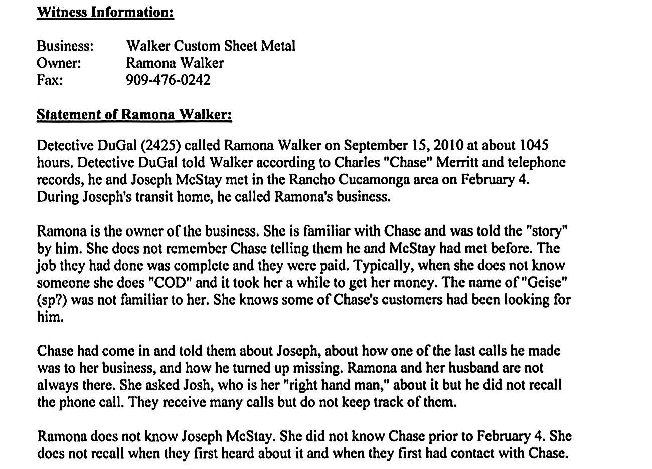 Detective Buckley report, Ramona Walker, Bates 001809