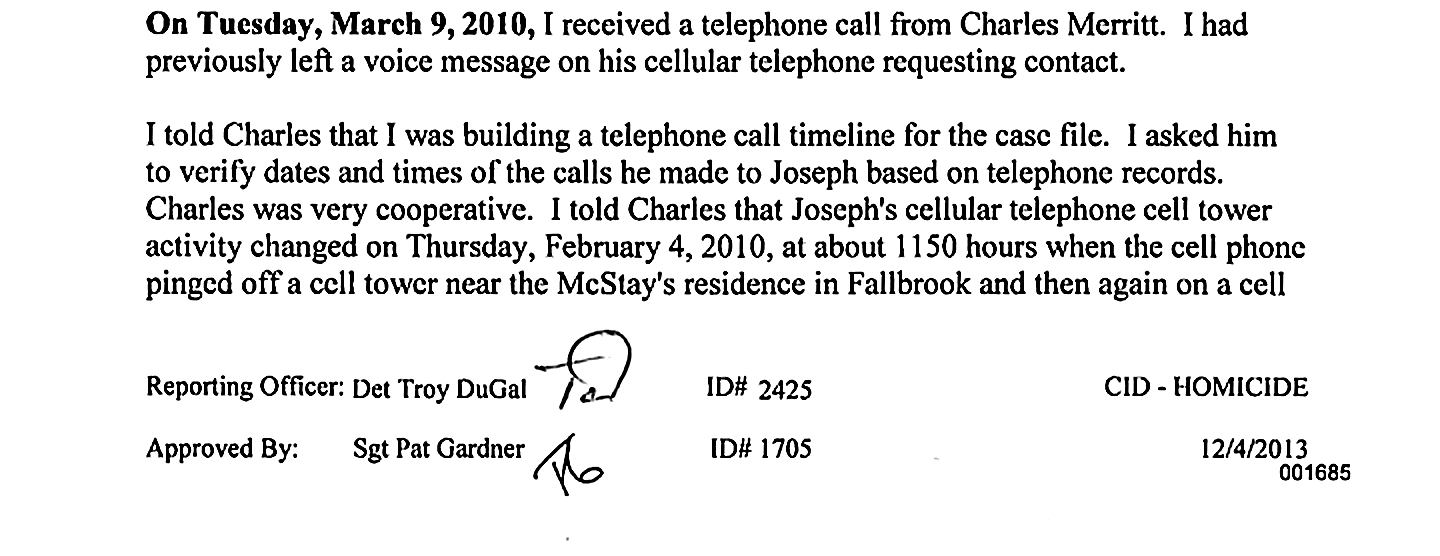 Detective DuGal report, March 9, 2010 call, Bates 001685