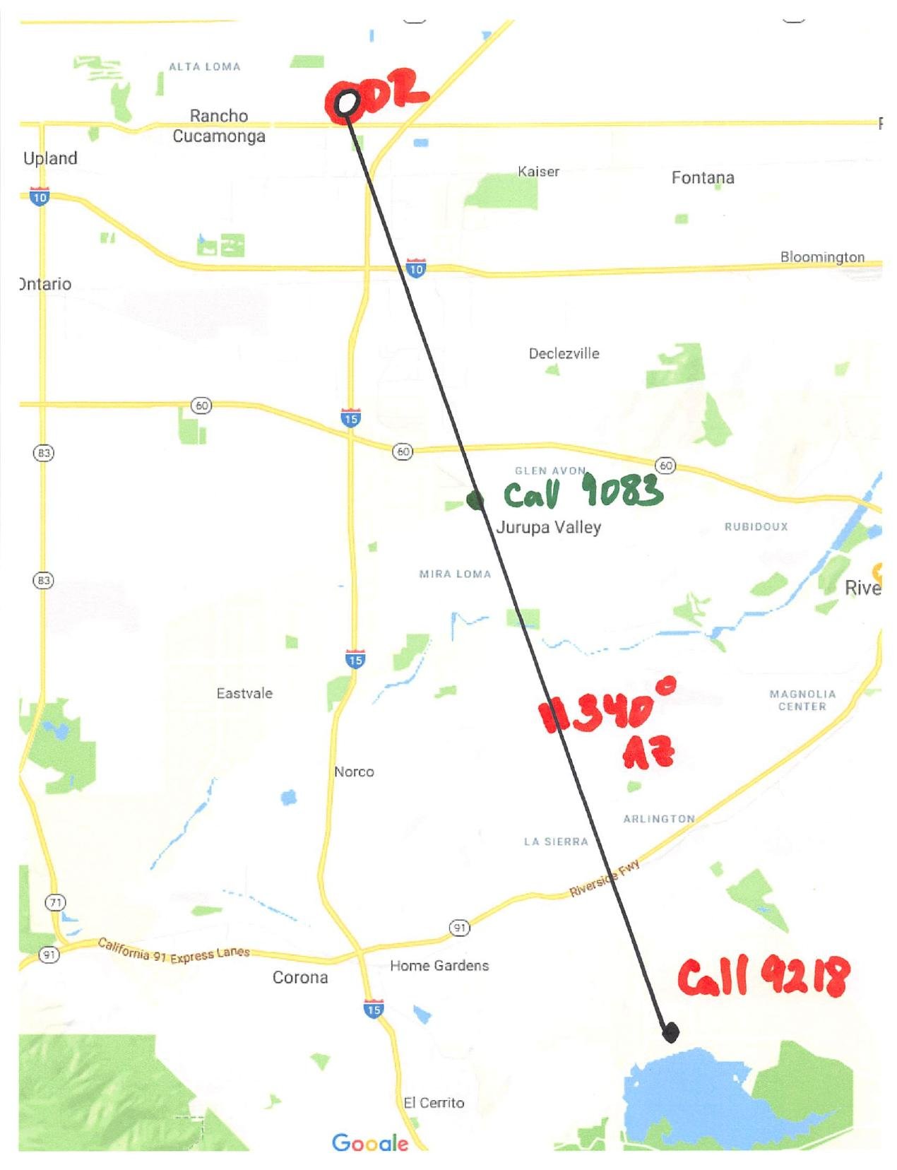 Exhibit 910, the defense map: a line from CDR in Rancho Cucamonga to Call 9218 drawn at Lake Mathews.