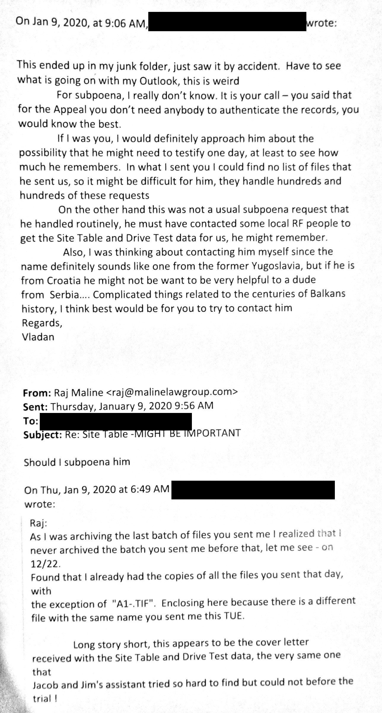 E-mails between Dr. Jovanovic and Mr. Maline, January 9, 2020.