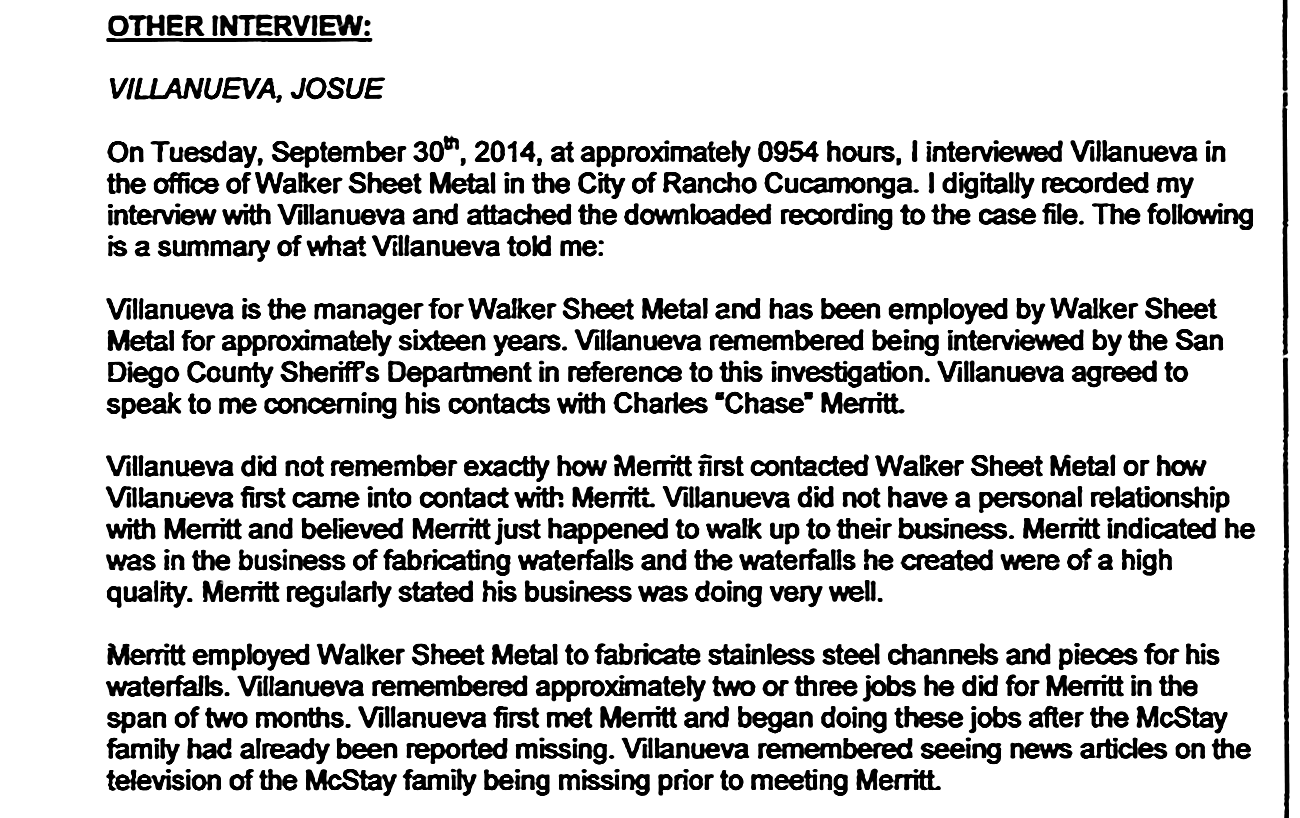 Detective Steers report, Villanueva interview, Bates 008029