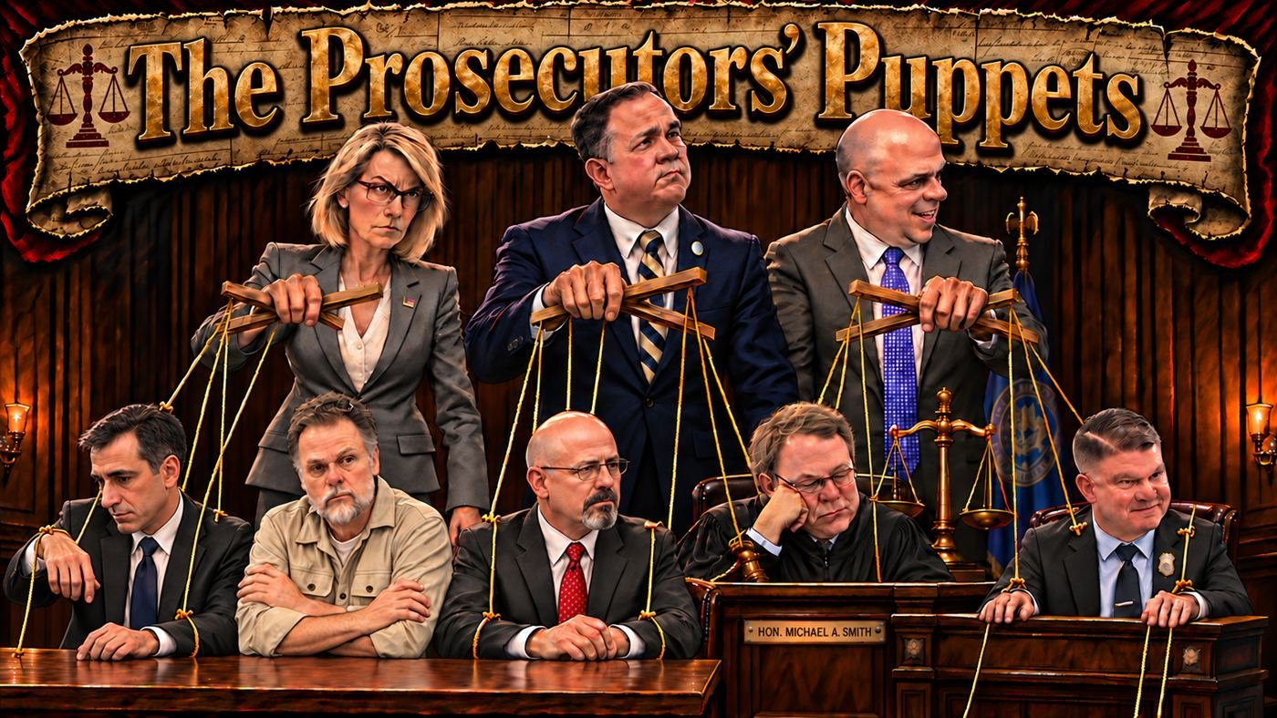 The Prosecutors' Puppets — three prosecutors holding marionette control bars over a courtroom; a defense attorney's arm hangs lifted by its string, Chase Merritt sits arms crossed without strings, beside a sleeping judge and a smiling witness